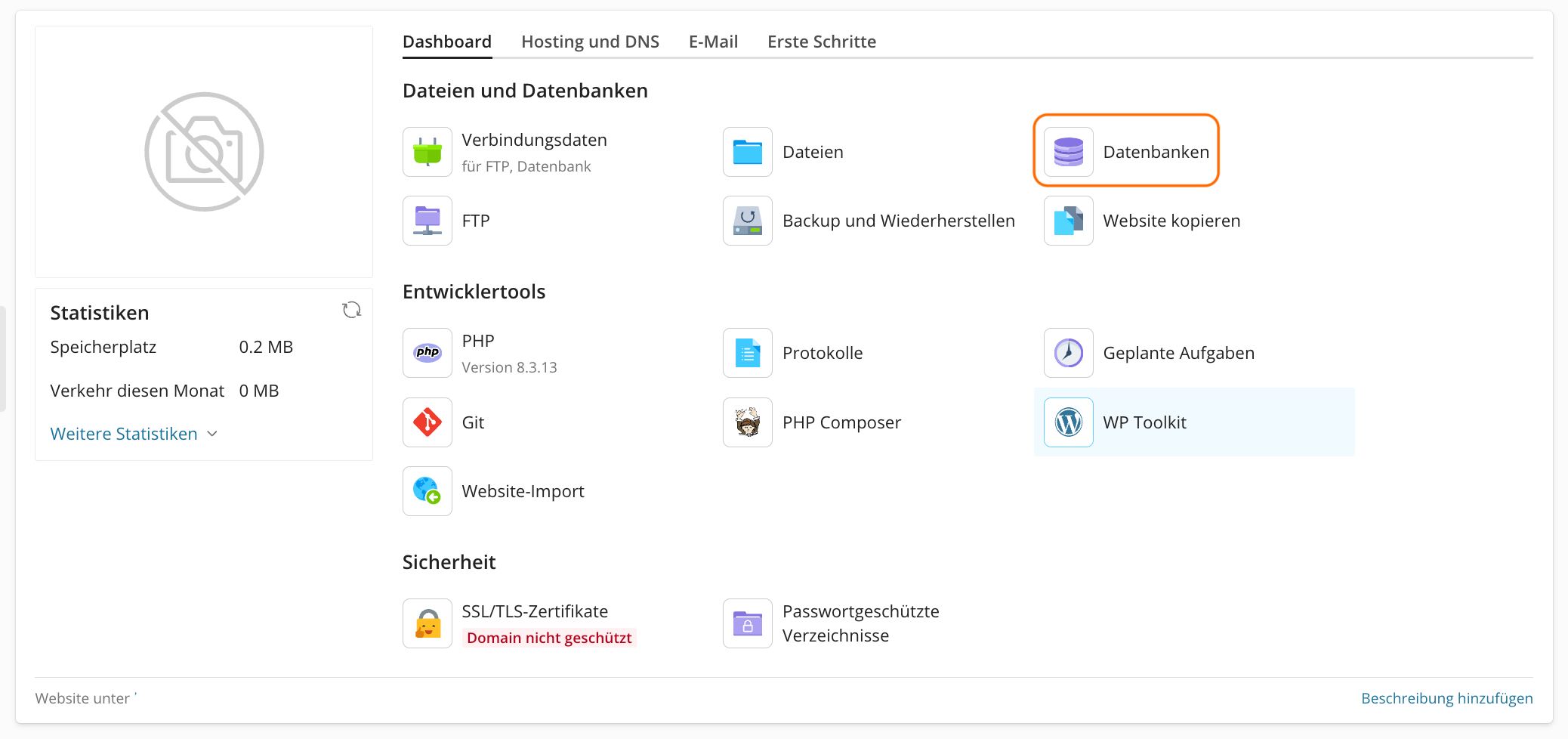 Hier findest du den Bereich Datenbank bei Plesk, um eine Datenbank zu erstellen.