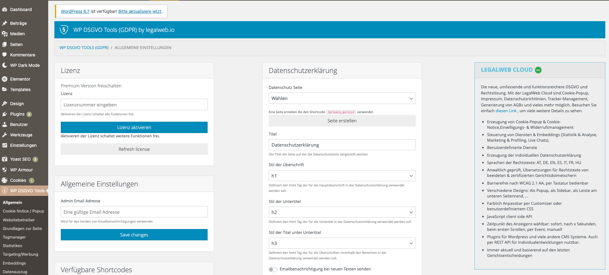 LegalWeb Einstellungen bei WordPress