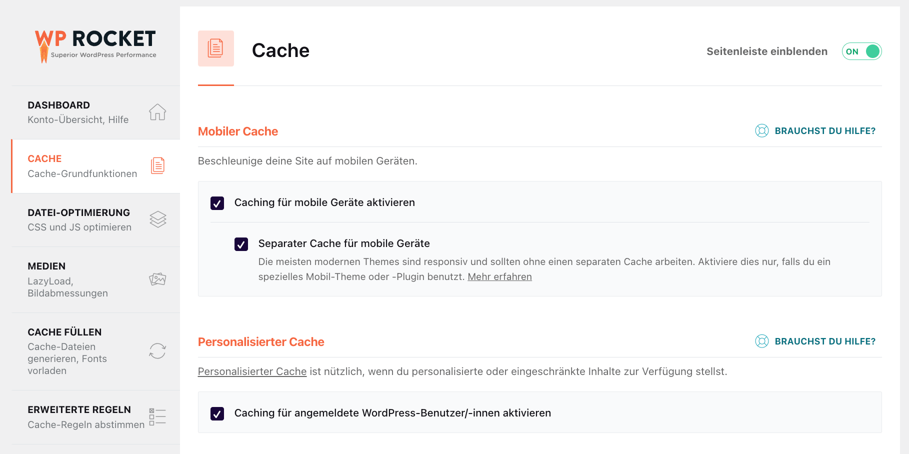Mobiler Cache für WP Rocket
