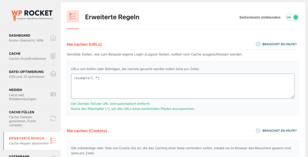 erweiterte Regeln bei WP Rocket Einstellungen